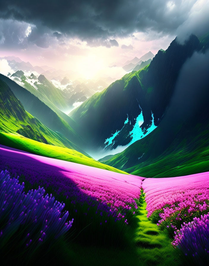 Scenic valley with purple flowers, narrow path, green hills, and sunset.