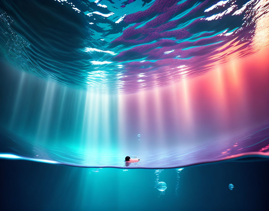 Tranquil underwater scene with light rays and a lone swimmer