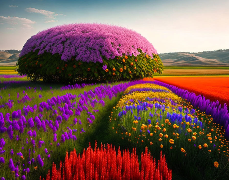 Colorful Flower Fields and Blossoming Tree in Rolling Hills