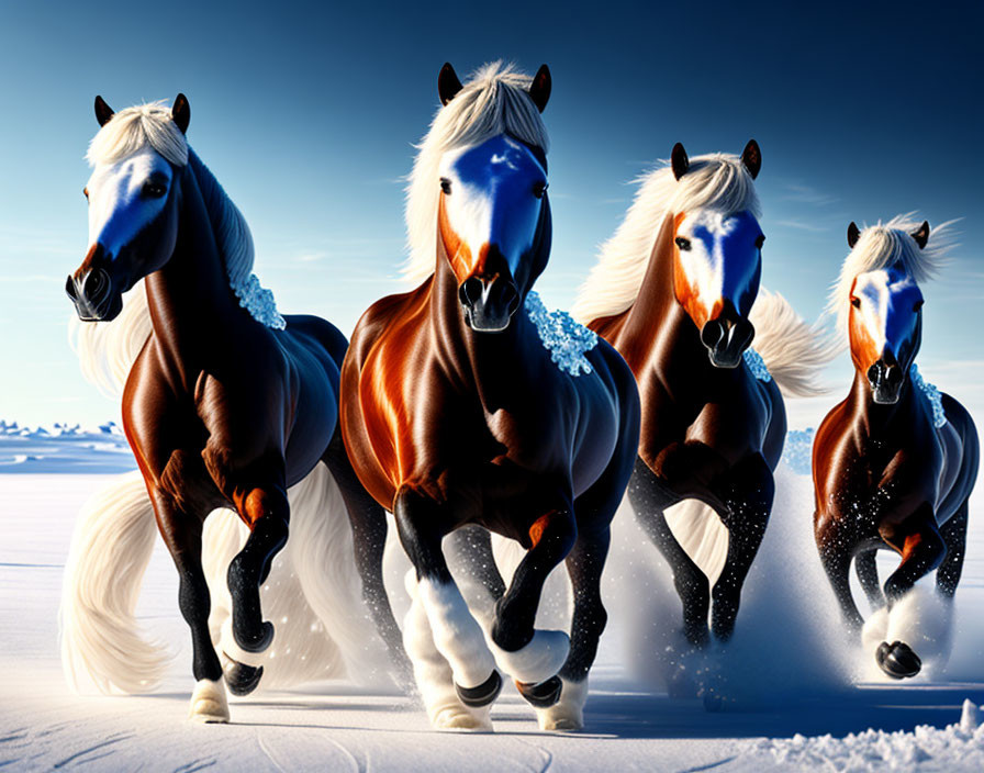 Four majestic horses running in snow under clear blue sky