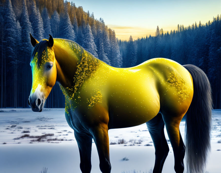 Starry-coated horse in snowy twilight landscape