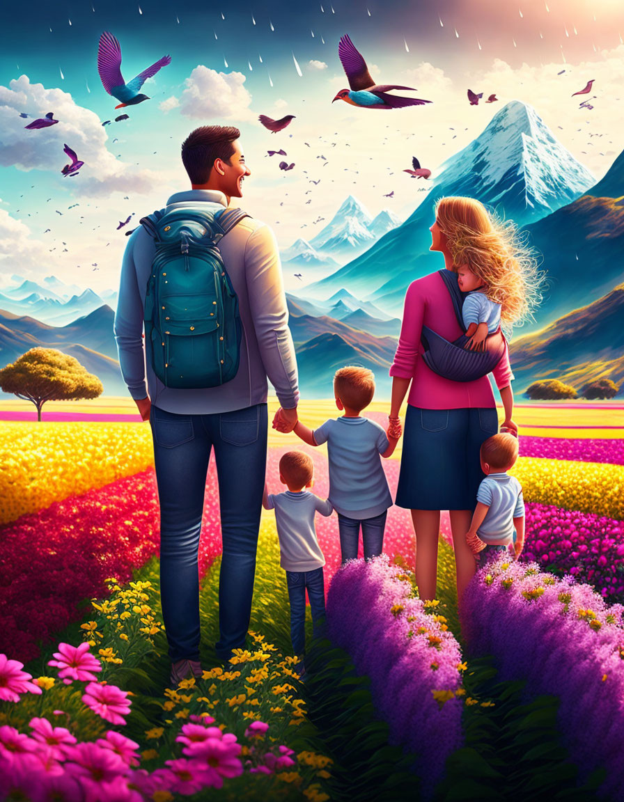 Family of Four in Vibrant Flower Field with Mountain Range and Colorful Sky