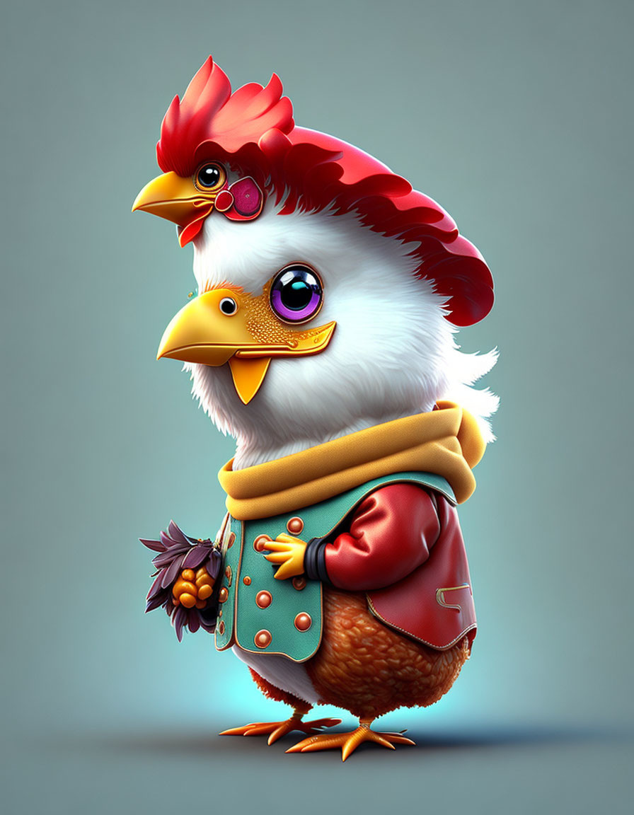 Anthropomorphic chicken character in red jacket and aviator goggles