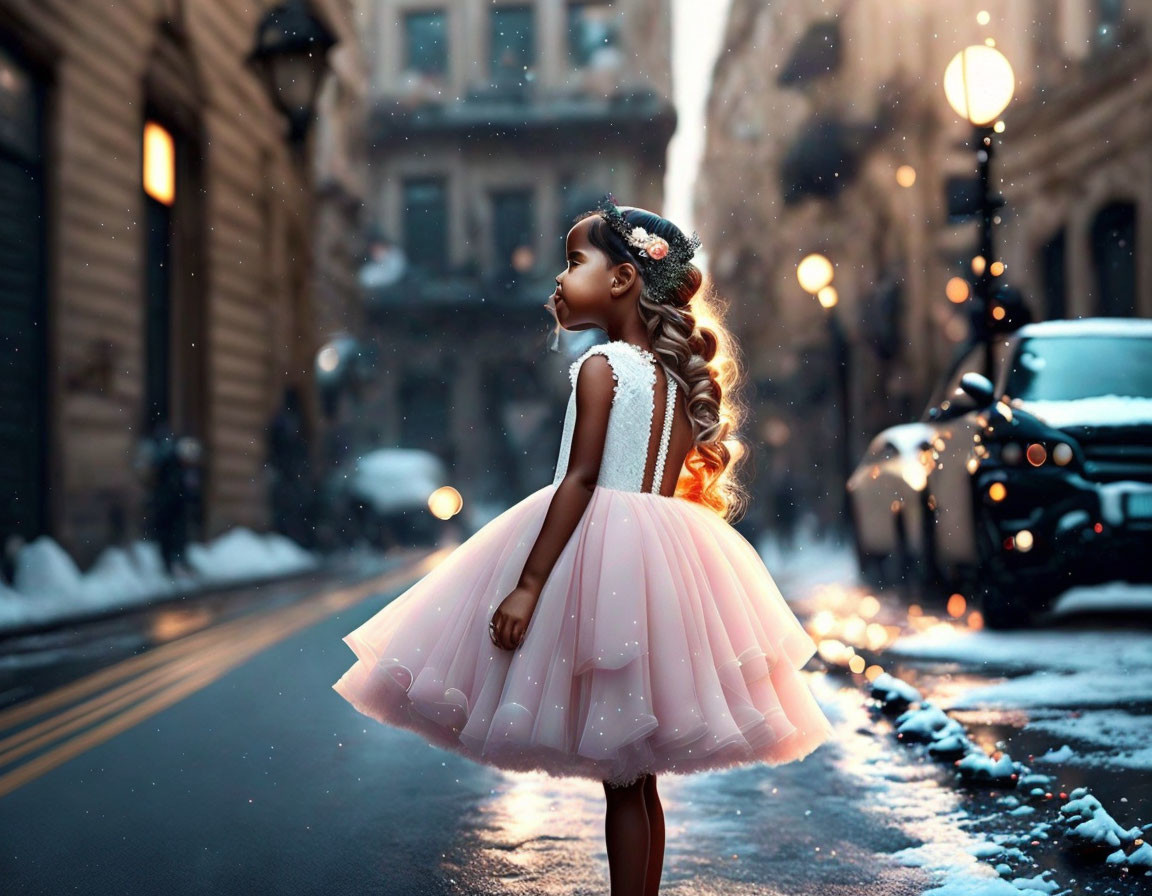 Young girl in pink tutu dress on snow-lined street under warm streetlights