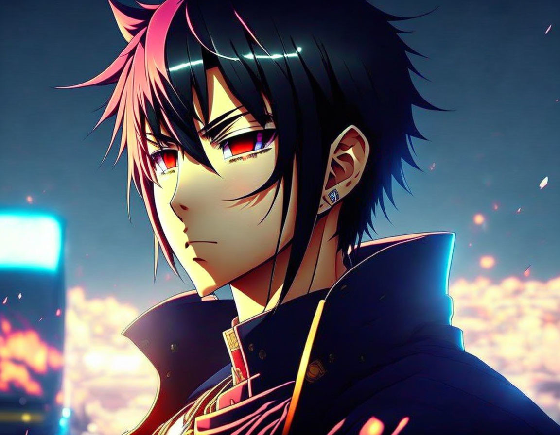 Anime-style character with spiky black hair and red eyes against fiery background