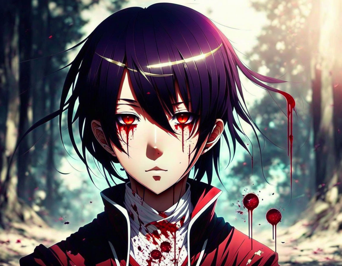 Dark-haired anime character with red eyes in forest with blood splatters