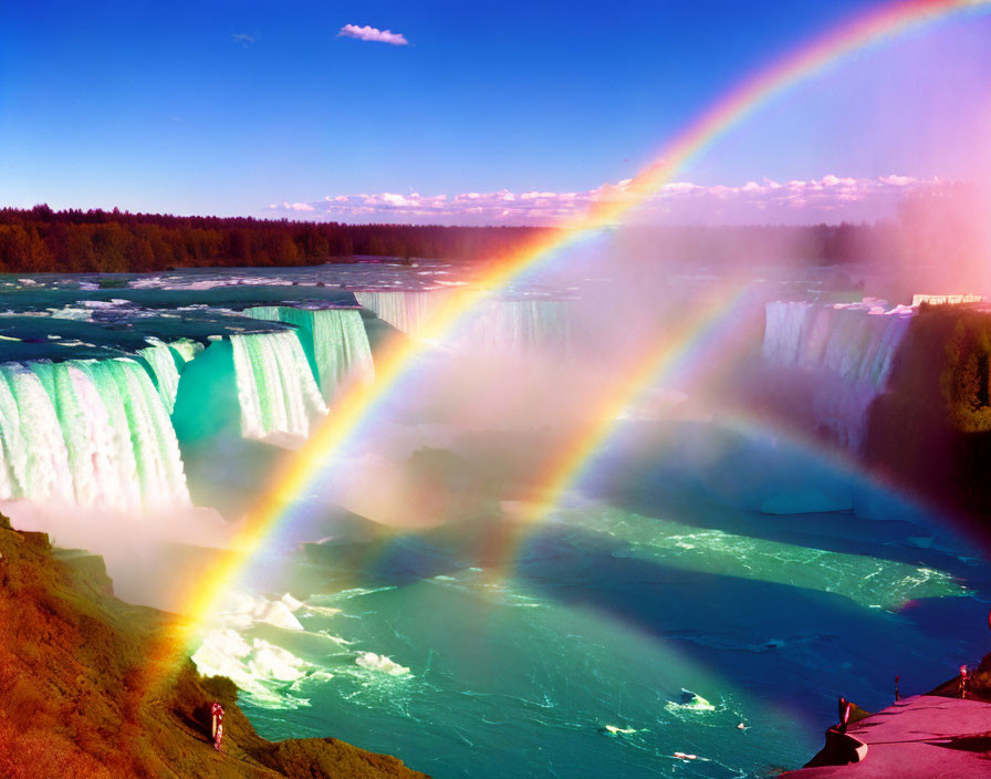 Colorful rainbow over misty waterfall in lush greenery