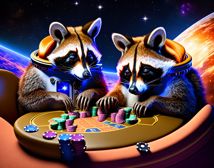 Raccoons in space helmets play poker at casino table