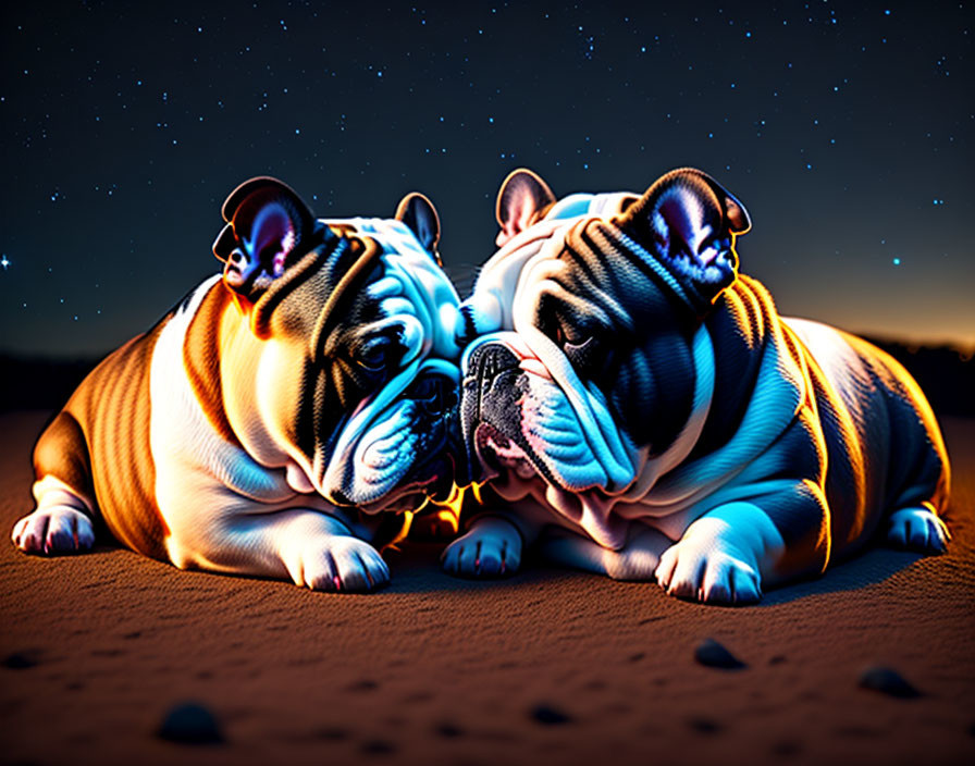 English Bulldogs in Starry Night Sky with Dramatic Shadows