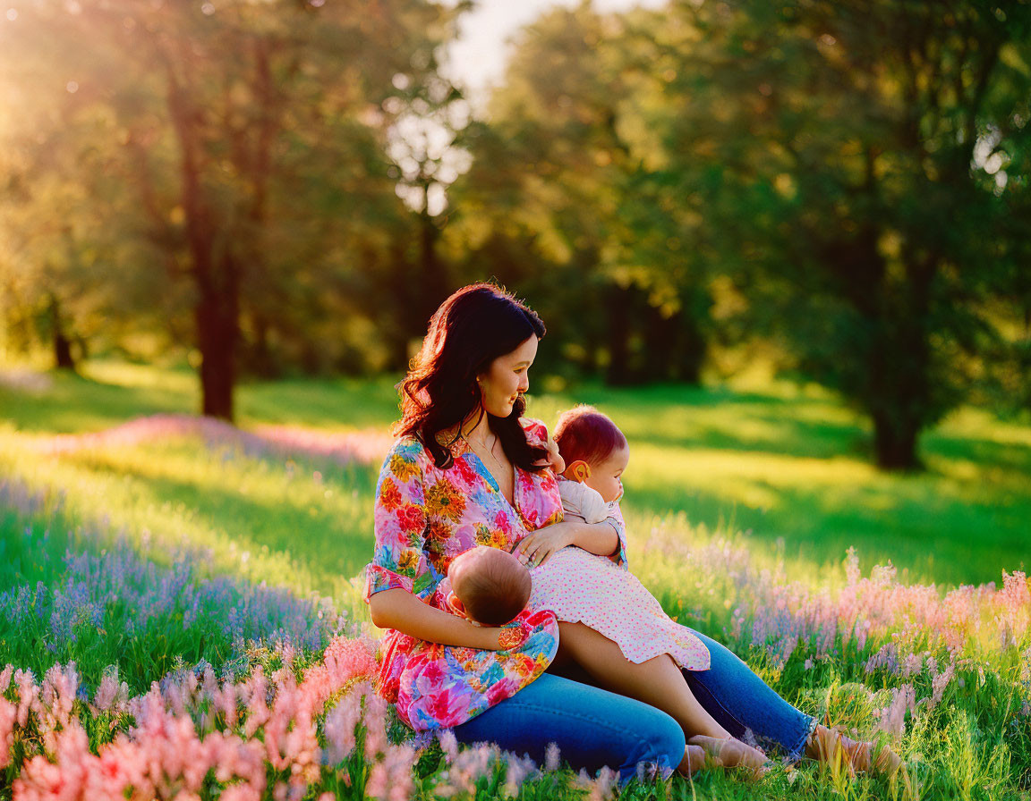 Mother and toddler in sunlit field with flowers and trees.