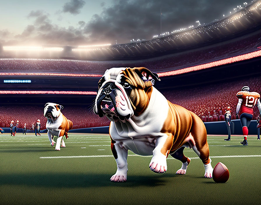 Two animated bulldogs on football field with player in illuminated stadium