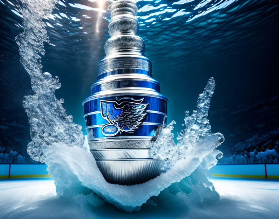 Digitally altered Stanley Cup with St. Louis Blues logo on ice under spotlights