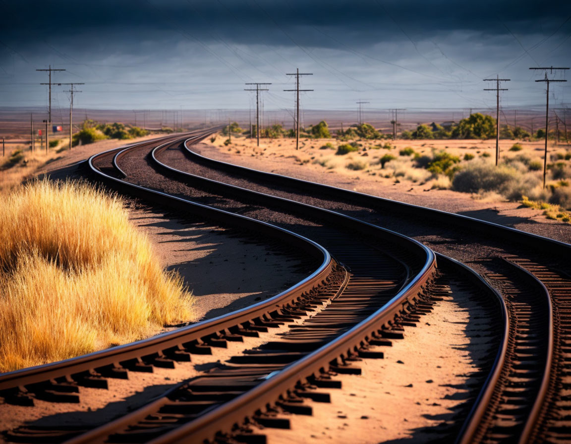 Desert landscape with curving railroad tracks and dramatic skies