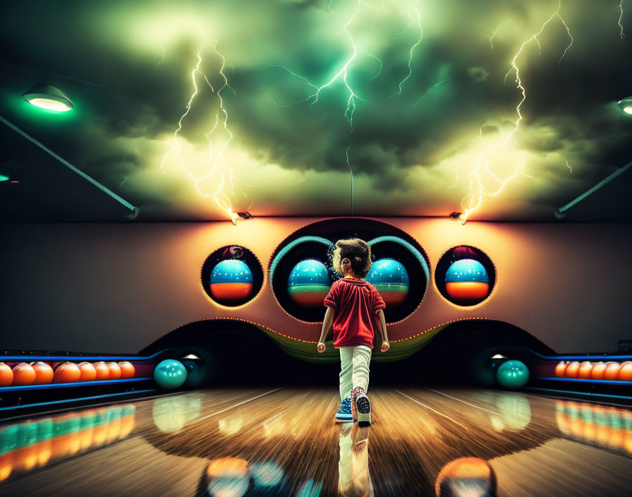 Child in red shirt bowling in vibrant alley under dramatic sky with lightning and monstrous eye ball returns