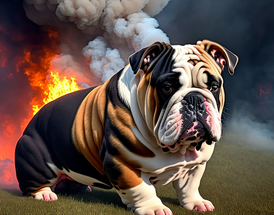 Distinctive Wrinkled Bulldog Against Dramatic Fire and Smoke