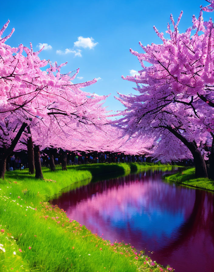 Tranquil river with vibrant cherry blossoms in full bloom