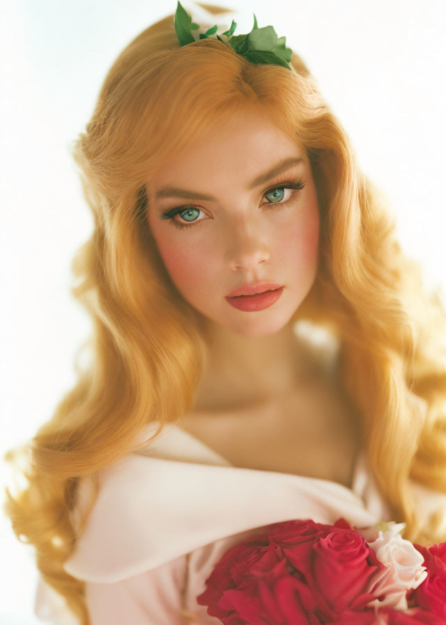 Blonde woman with green eyes holding red roses and leafy crown