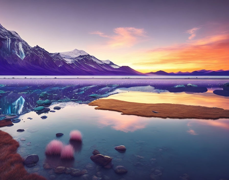 Tranquil Dusk Landscape: Lake, Mountains, Purple and Orange Sky