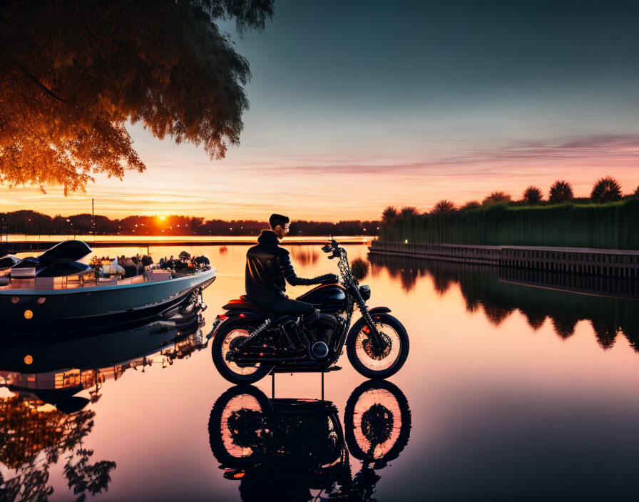 Silhouetted motorcycle rider at sunset by calm lake with boats and trees reflected