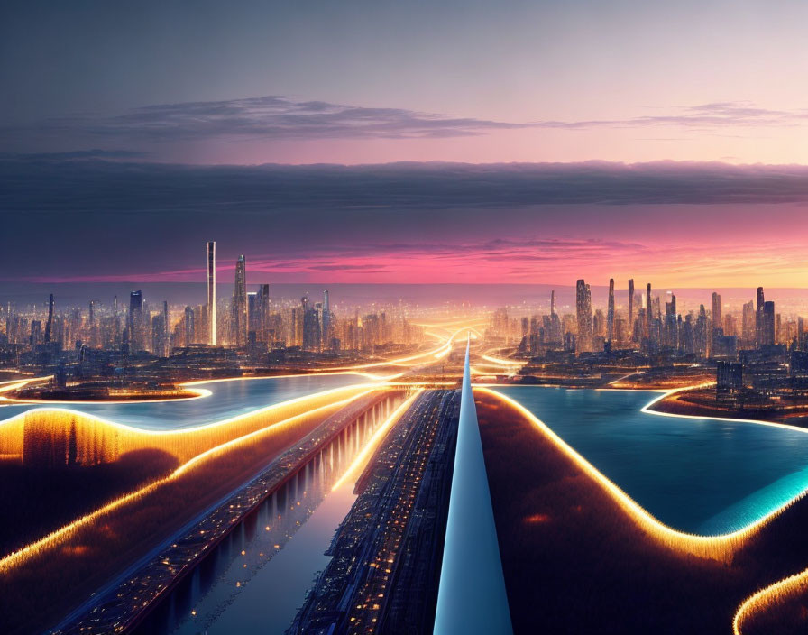 Futuristic cityscape with illuminated highways and skyscrapers at dusk