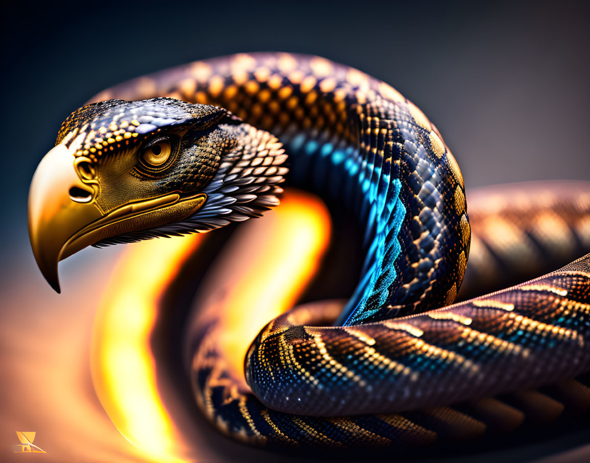 Surreal creature with eagle's head and snake body on warm blurred background