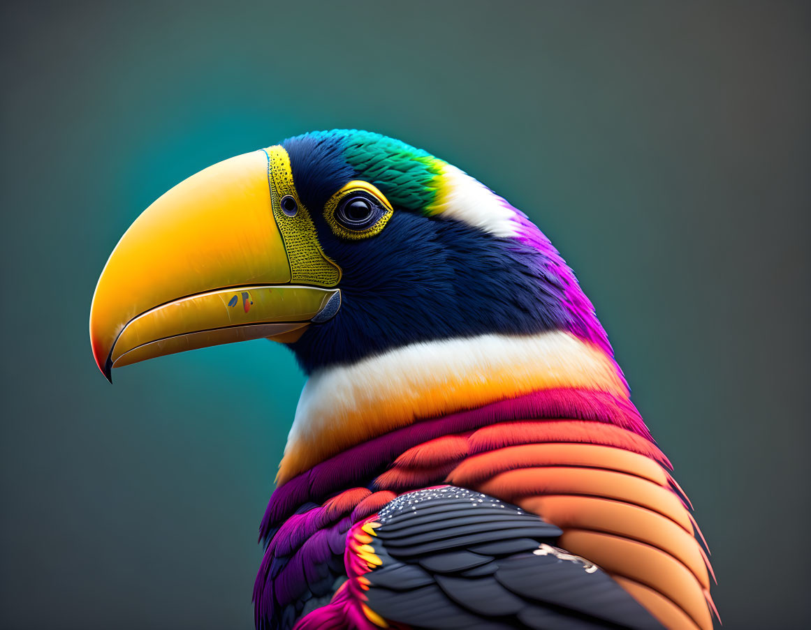 Colorful toucan with vibrant feathers and large yellow beak in close-up view
