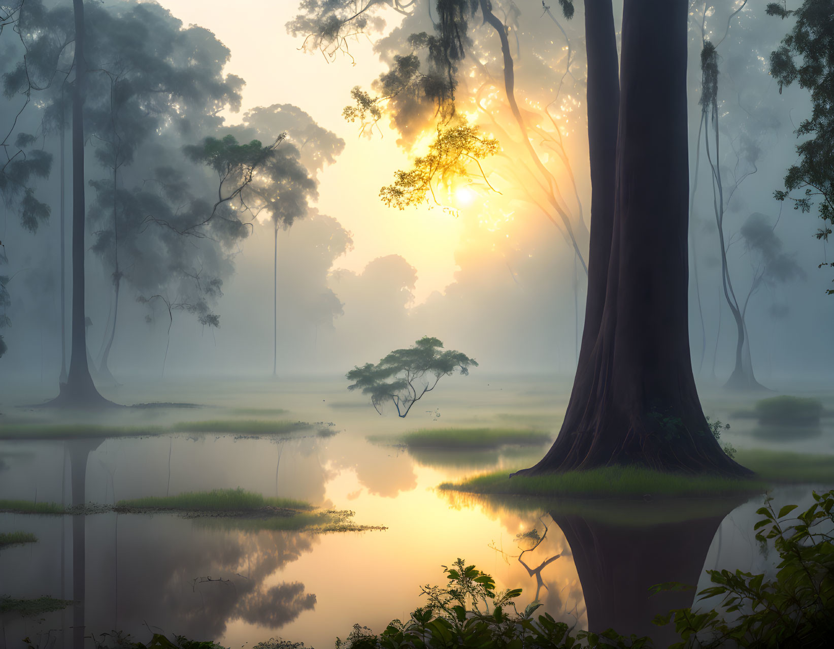 Serene forest sunrise with fog, still waters, and towering trees