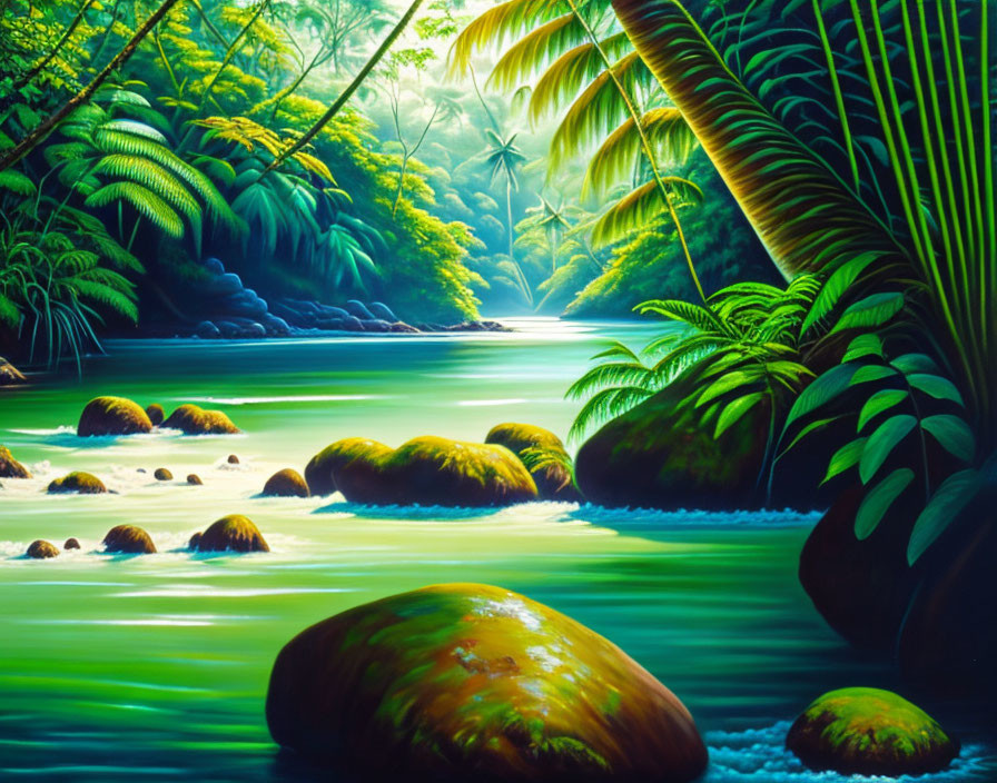 Tropical Rainforest with River, Moss-Covered Rocks, and Palm Trees