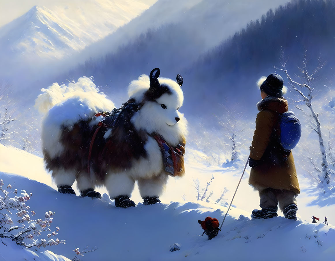 Traveler with fluffy dog in snowy mountain landscape