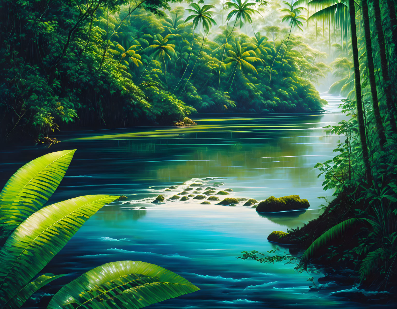 Tranquil Tropical Landscape with River and Palm Trees