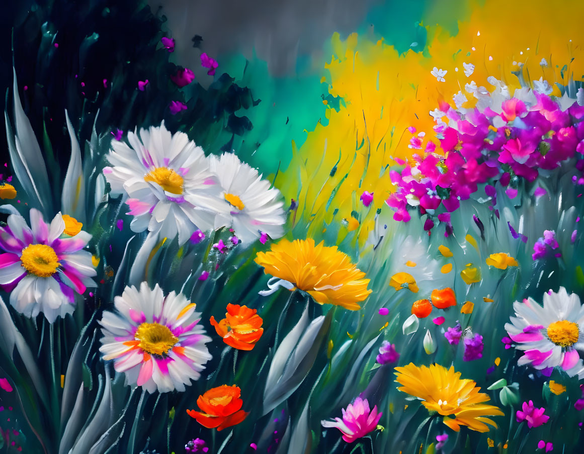 Colorful Flower Field Painting with White, Orange, and Pink Blossoms