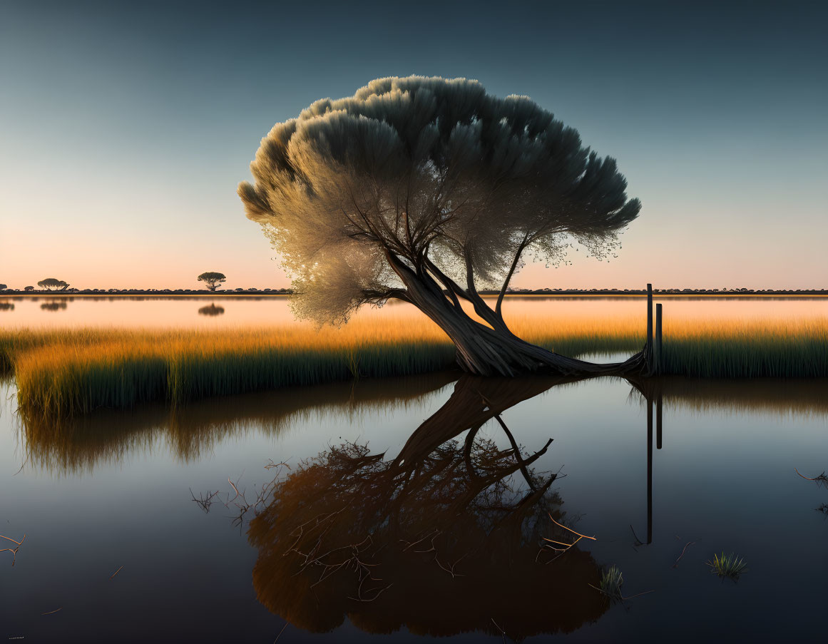 Tranquil twilight landscape with stunning tree reflection