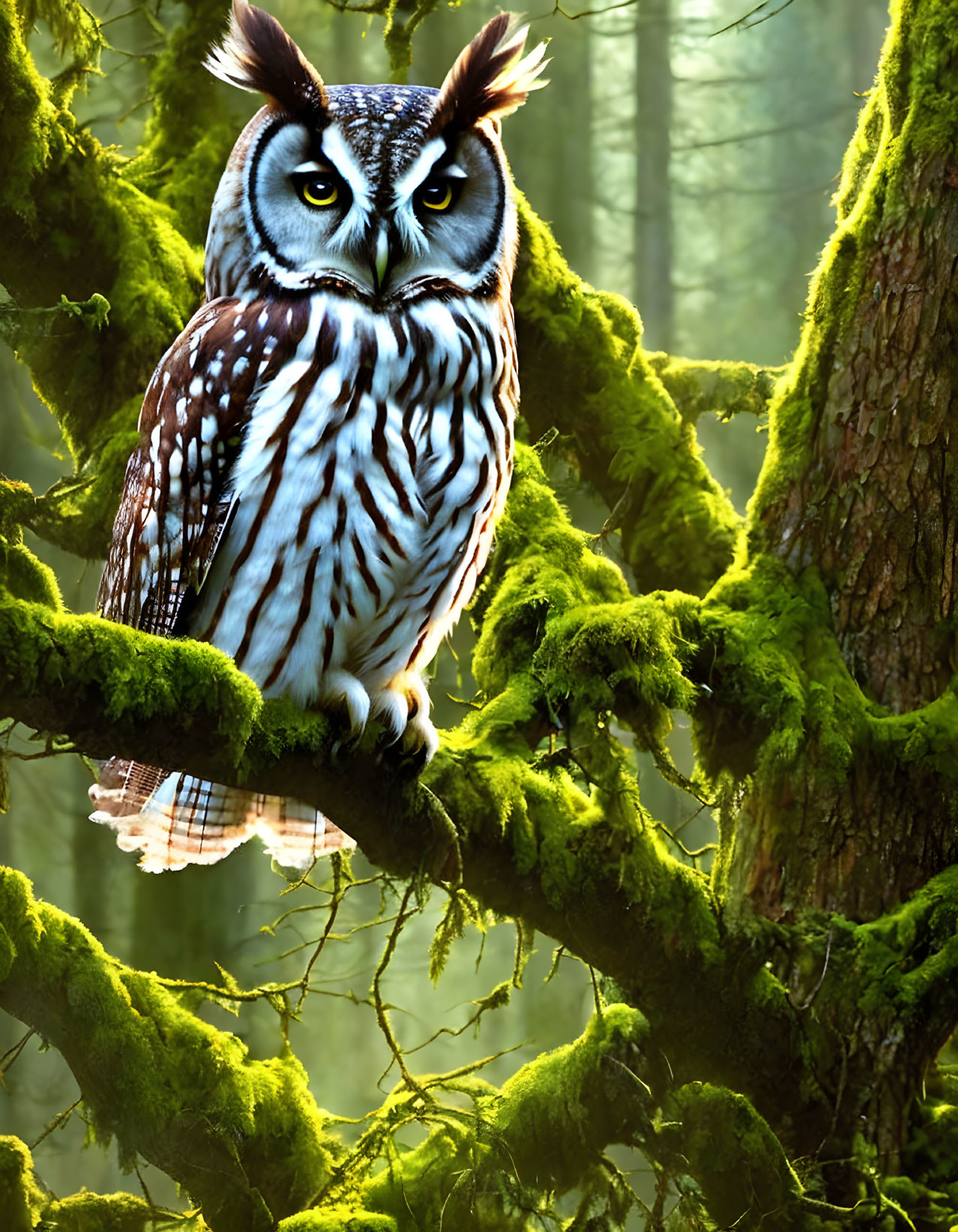 Owl on Moss-Covered Branch in Sunlit Forest