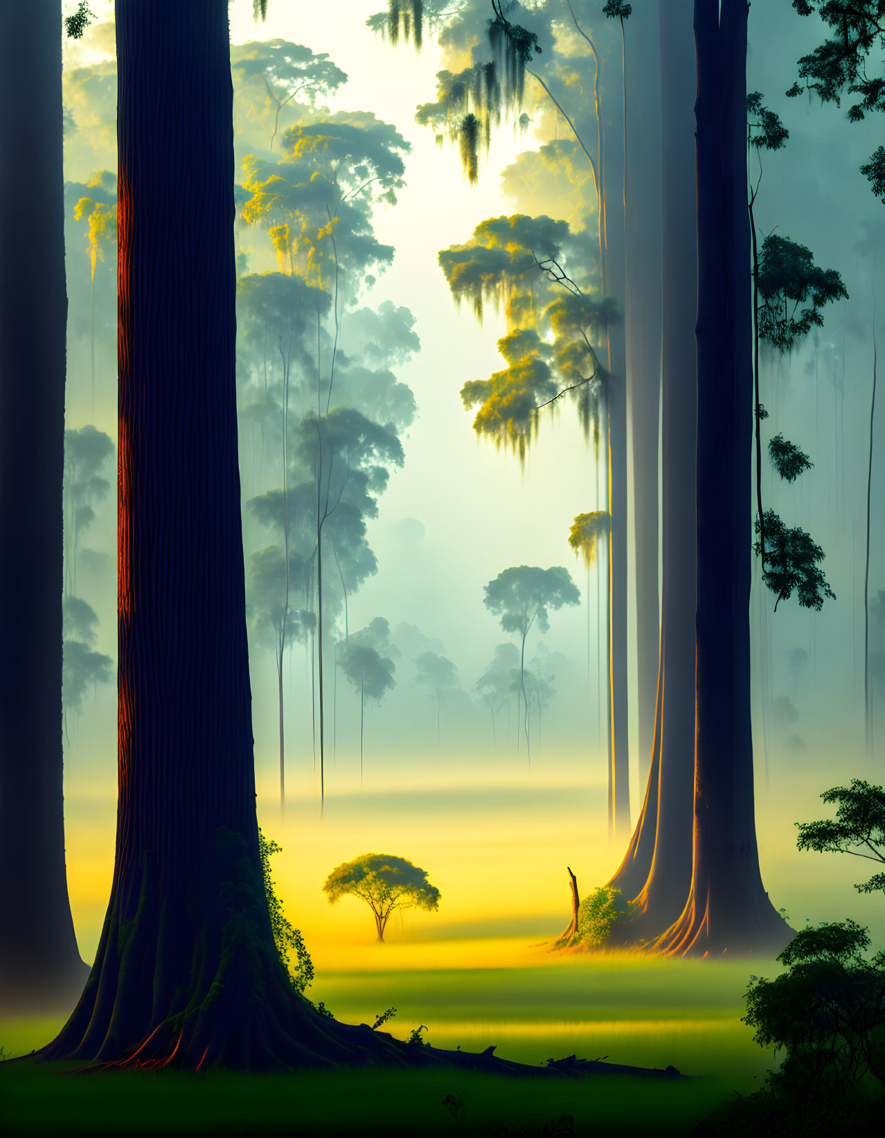 Lush green forest with towering trees and sunbeams piercing through mist