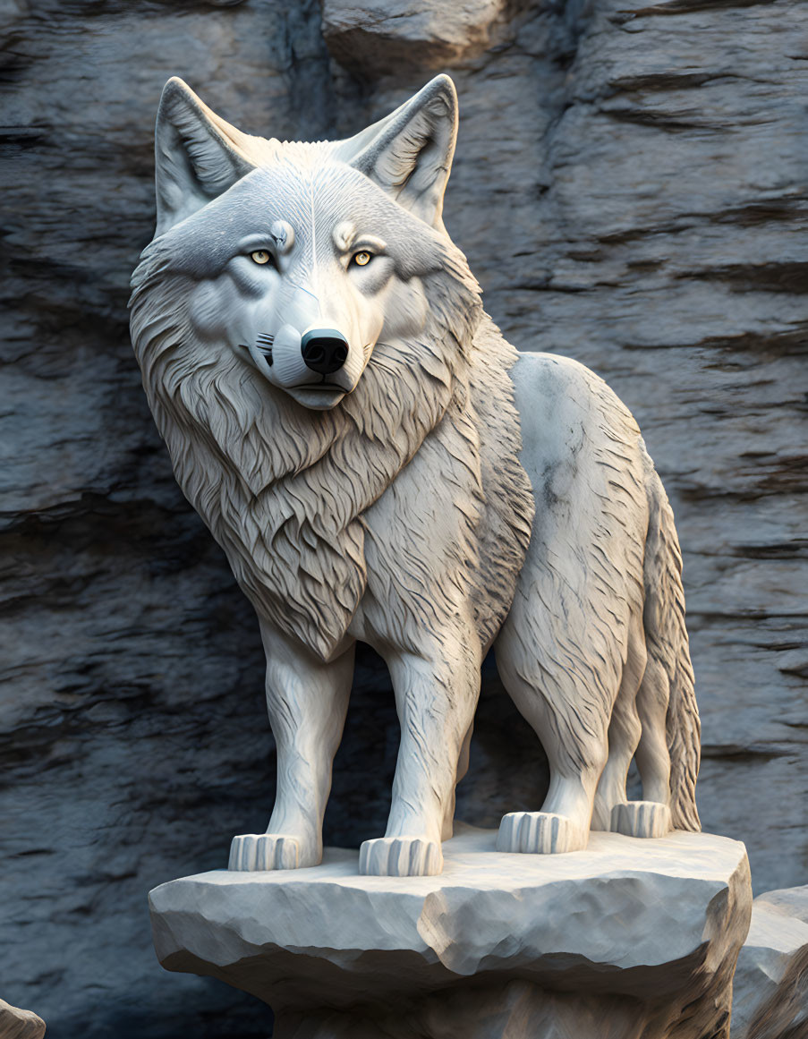 Detailed Wolf Sculpture Standing on Rock with Keen Gaze