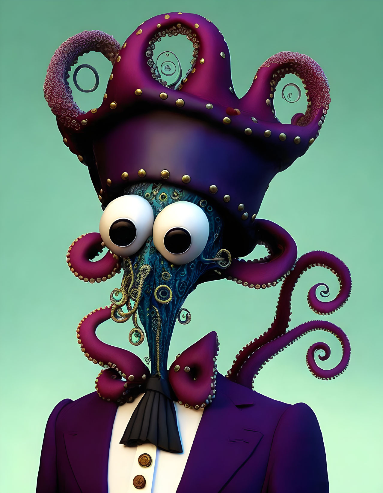 Octopus in suit and hat with tentacles as features