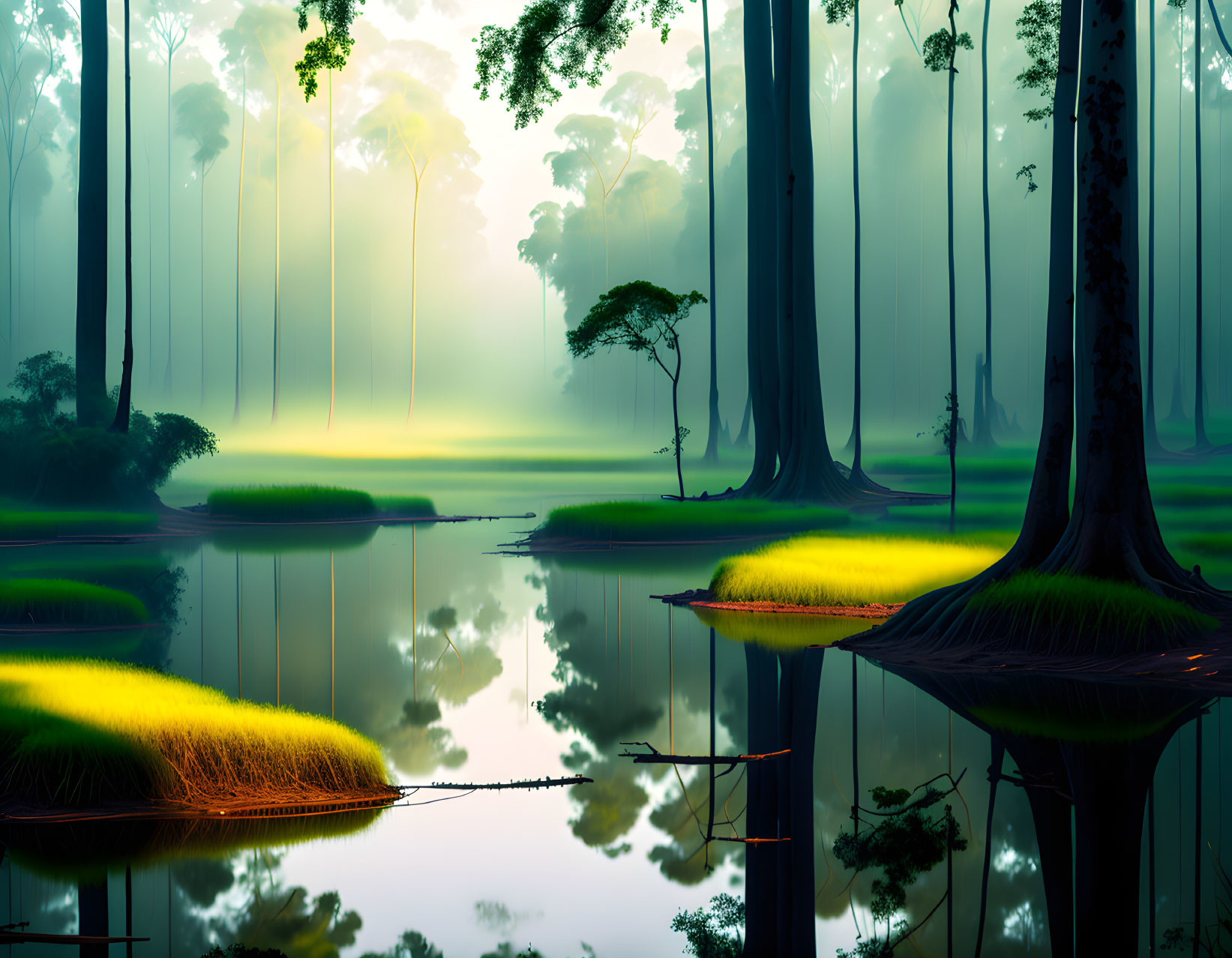 Enchanting forest scene with tall trees, tranquil water, mist, and glowing lights.