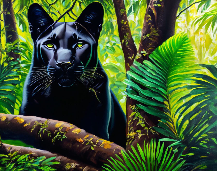 Black panther in lush green jungle with intense gaze.