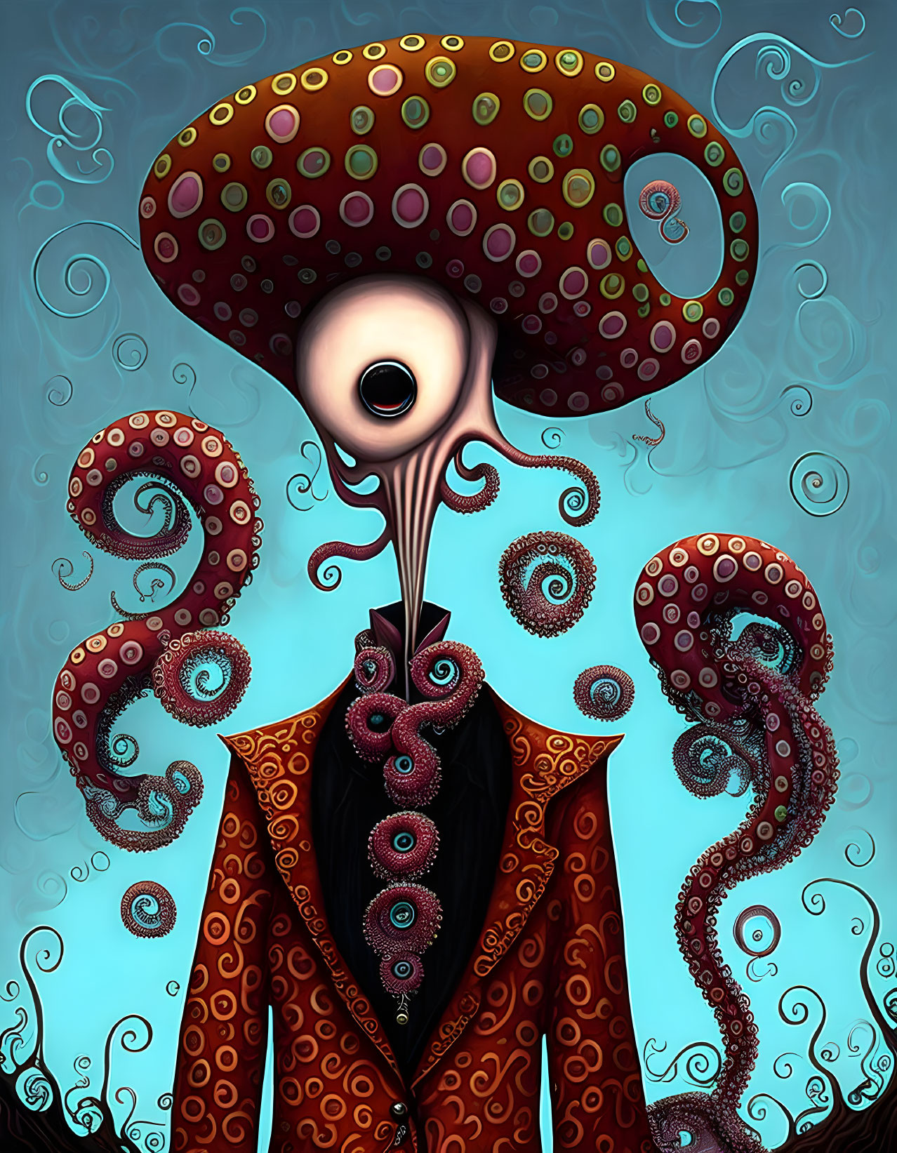 Colorful Octopus-Headed Character in Decorated Suit on Blue Background