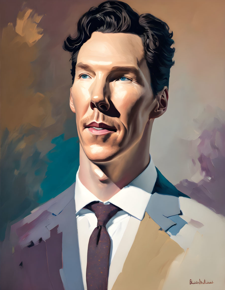 Digital portrait of man with cheekbones & wavy hair in suit against abstract backdrop