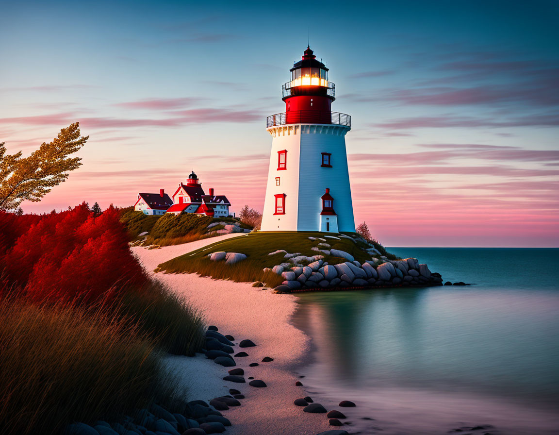 Scenic lighthouse at sunset by the sea with pink and blue skies