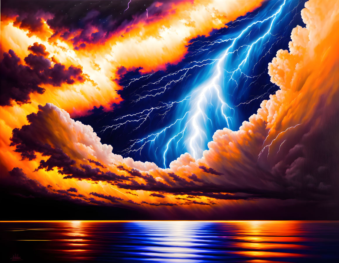 Stormy Sky with Lightning Bolts and Fiery Sunset Clouds Reflecting on Ocean