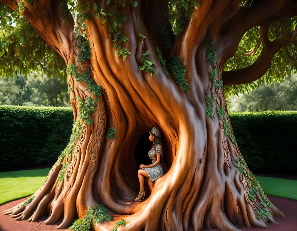 Person sitting in hollow tree nook in serene garden with hedges