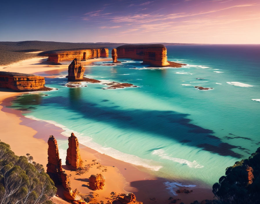 Majestic rugged coastline with rock stacks, turquoise waters, and warm sunset sky