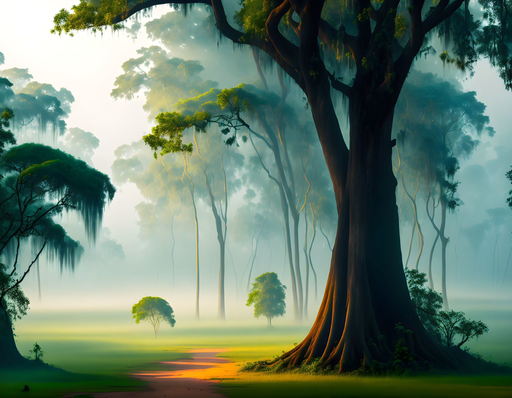 Majestic tree in serene forest with misty atmosphere