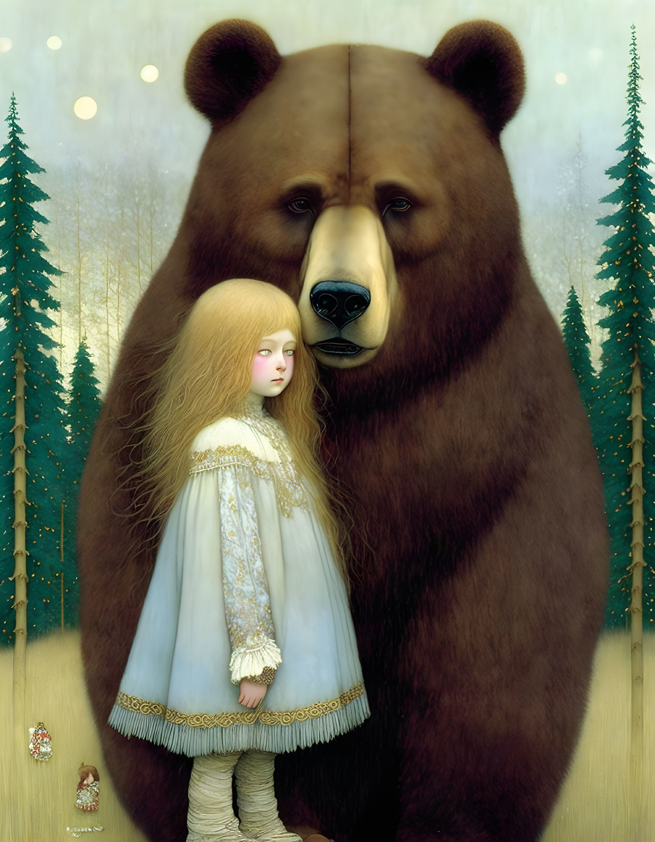 Girl in Blue Dress Stands with Giant Bear in Mystical Forest