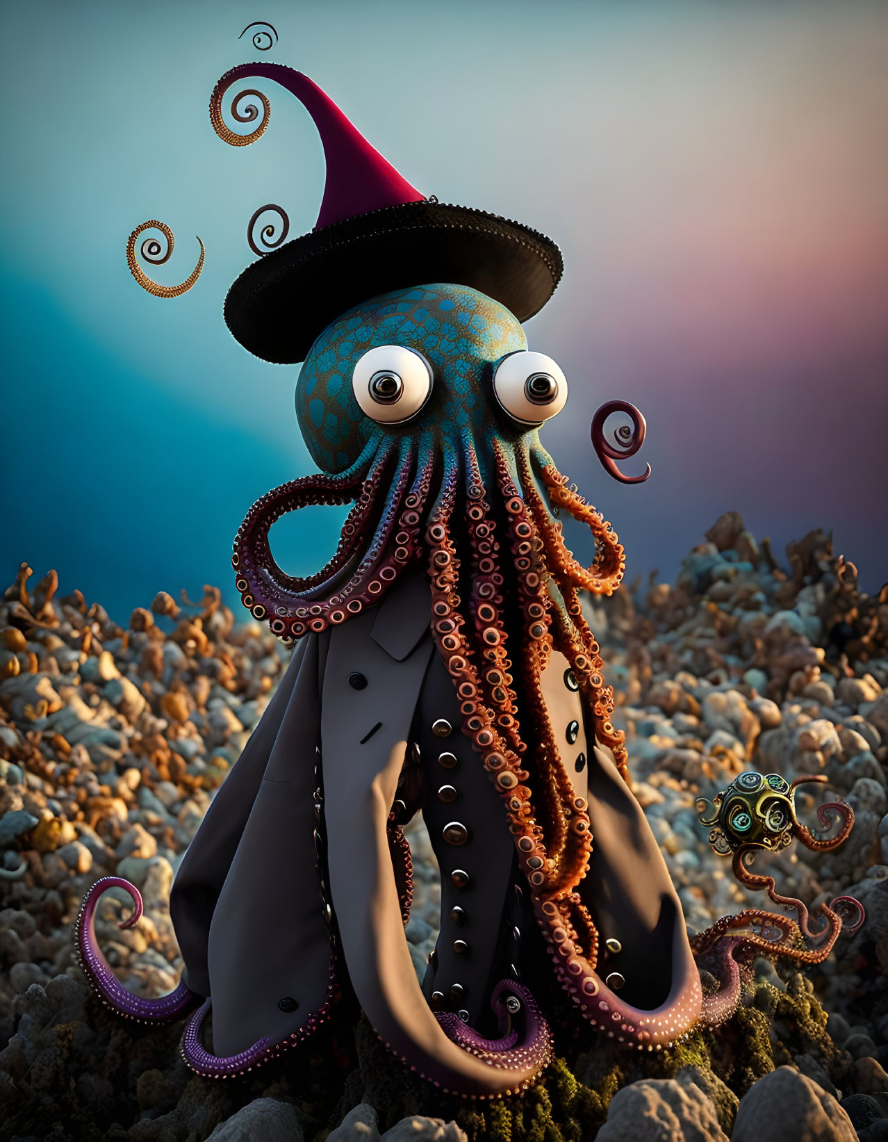 Colorful 3D illustration: Octopus in wizard attire on rocky terrain