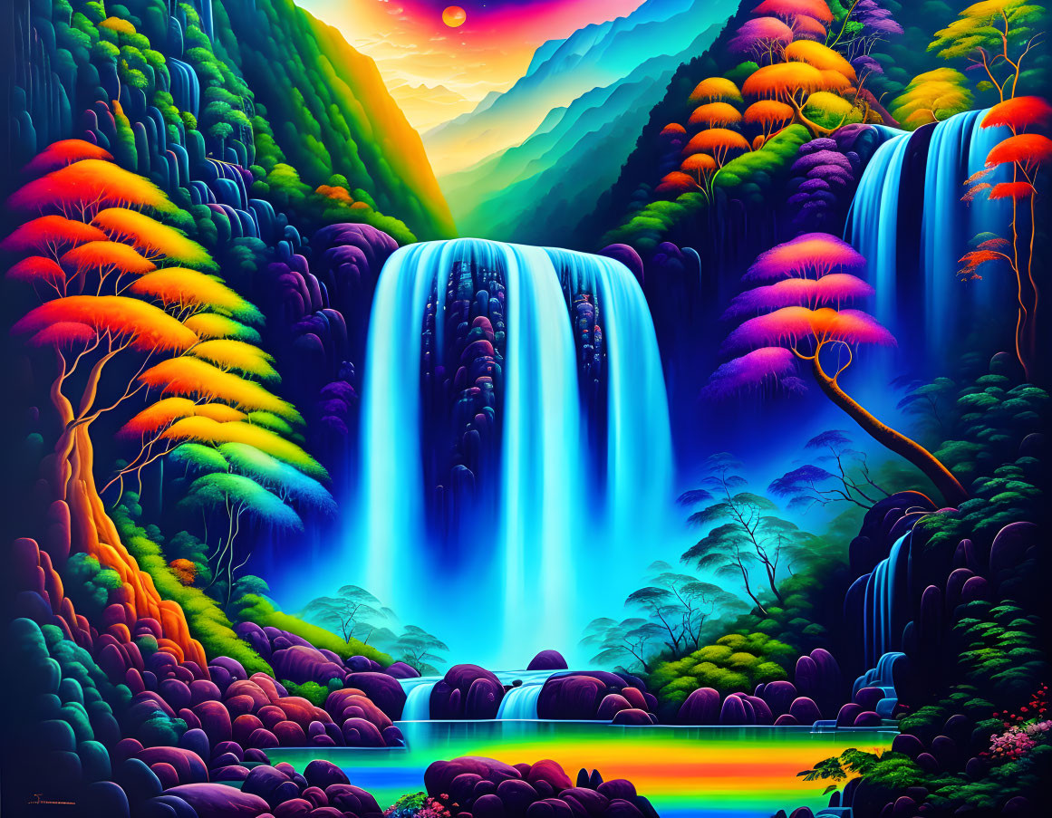 Colorful digital artwork: waterfall, rainbow, fantastical trees, sunset sky