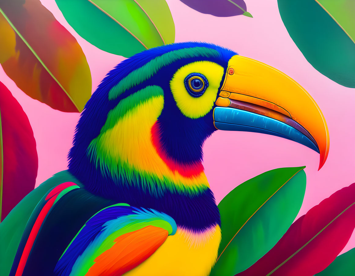 Vibrant Toucan Illustration with Colorful Beak and Leaves