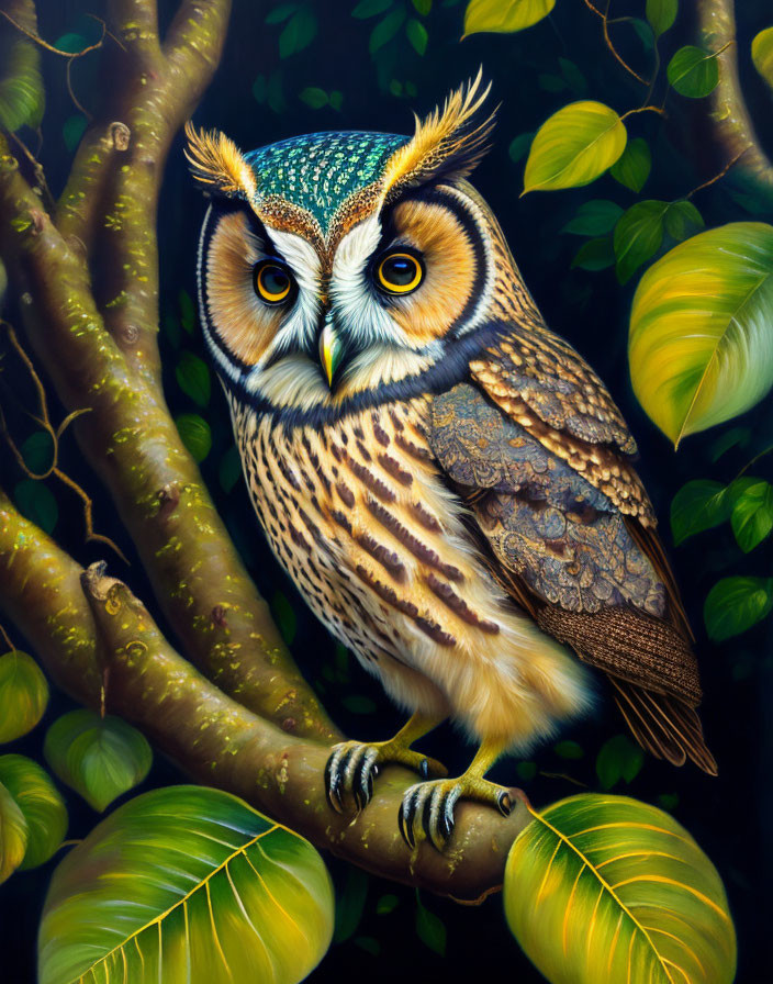 Detailed painting of owl perched on branch amidst lush greenery